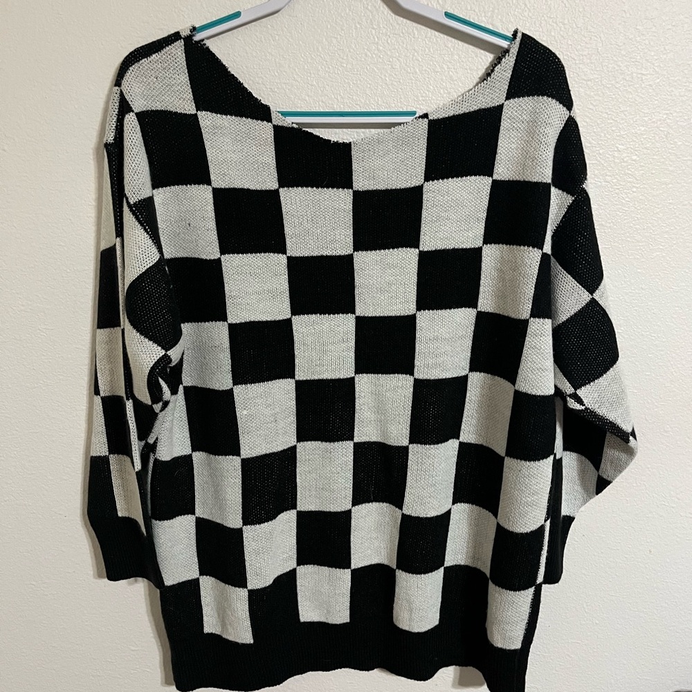 Black and White Checkered Off The Shoulder Sweater
